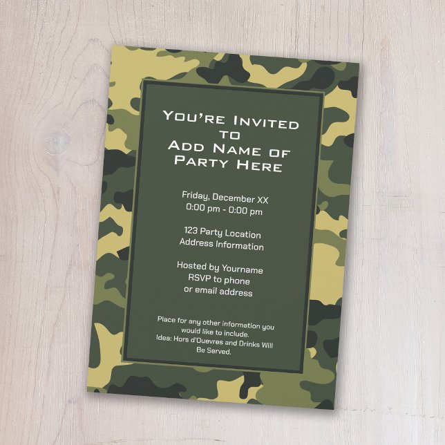Party Invitation: Green Military Camouflage Invitation (A camouflage print birthday party invitation)