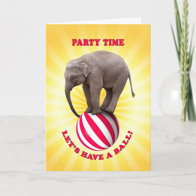 Party Invitation with a happy elephant on a ball (Front)