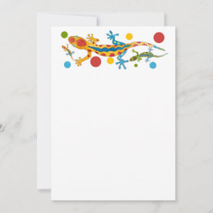 Party invitation with colourful gecko design