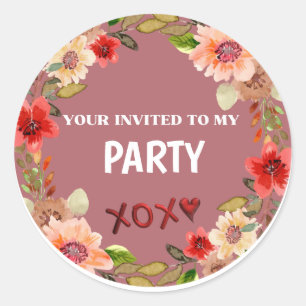 PARTY INVITE Floral  Circle Sticker