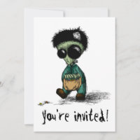 Party Invite Postcard Cute Alien Halloween Cartoon