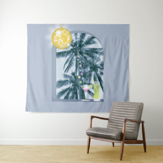 Party Lights Cocktails Disco Ball Palms on Blue Tapestry