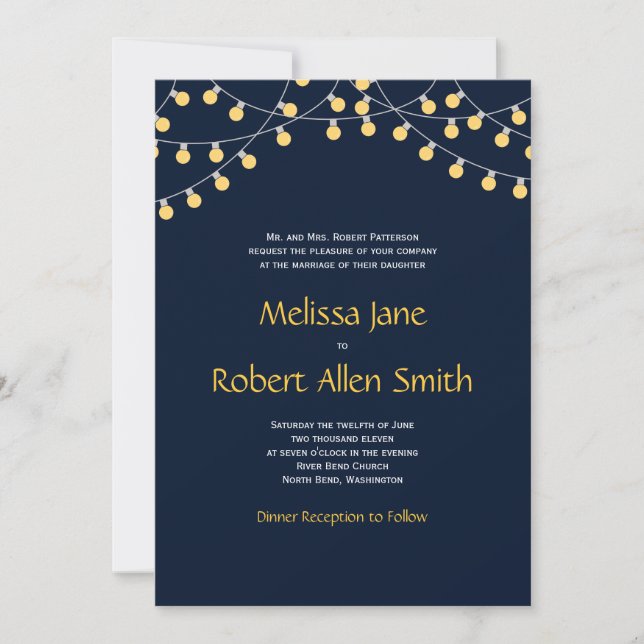 Party Lights Wedding Invitation on Navy Background (Front)