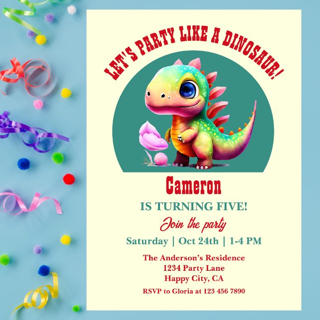 Party Like a Dinosaur Any Age Colourful Birthday  Invitation (Creator Uploaded)