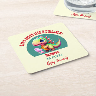 Party Like a Dinosaur Any Age Colourful Birthday Square Paper Coaster