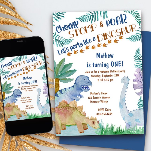 Party Like a Dinosaur Boys Birthday Invitation (Party like a dinosaur kids birthday invitation)