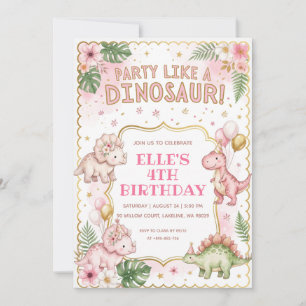 party like a dinosaur pink dinosaur birthday invitation