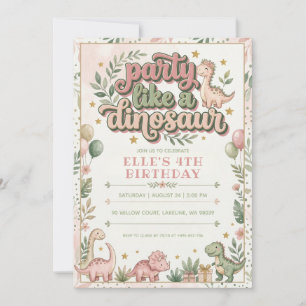 party like a dinosaur pink dinosaur birthday invitation