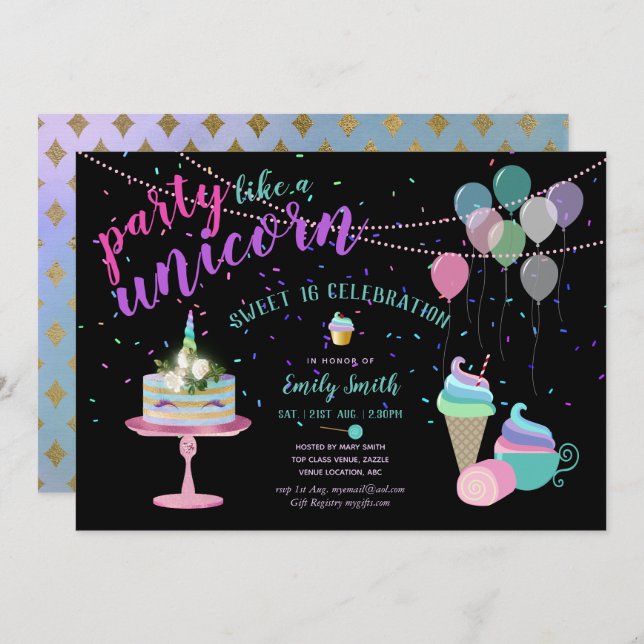 Party like a UNICORn Fun Invitation ANY Occasion (Front/Back)
