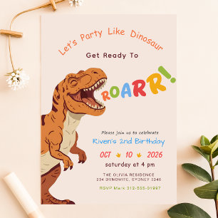 Party Like Dinosaur Baby Kid Boy Girl 2nd Birthday Invitation