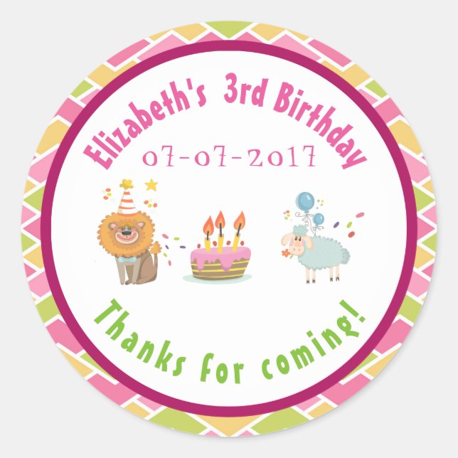 Party Lion and Sheep with Balloons Birthday Thanks Classic Round Sticker (Front)