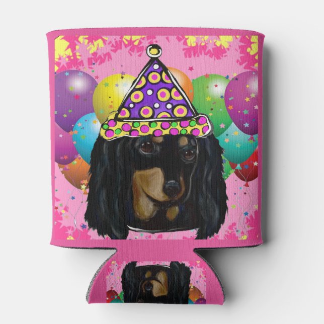 Party Long Hair Black Doxie Can Cooler (Back)