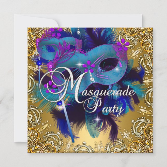 Party Masquerade Blue Gold Purple Invitation (Front)