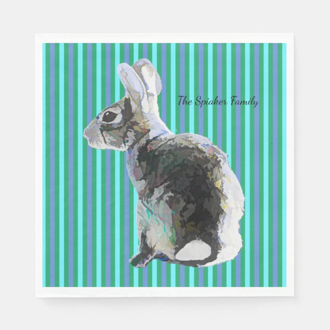Party Napkin with Bunny on Striped Blue Background (Front)