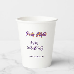 Party nights bachelorette party name date purple paper cups
