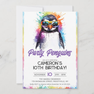 Party Penguin sunglasses, kid's birthday Invitation