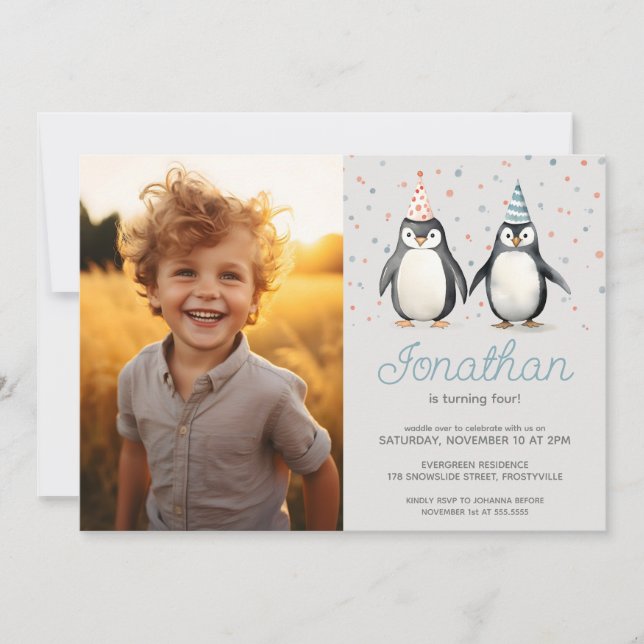Party Penguins, waddle over, photo Invitation (Front)