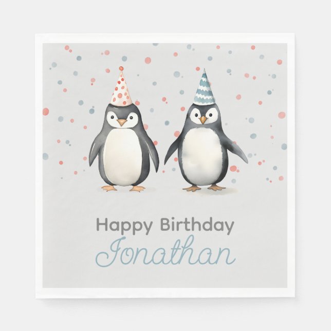 Party Penguins, watercolor, children's birthday Napkin (Front)