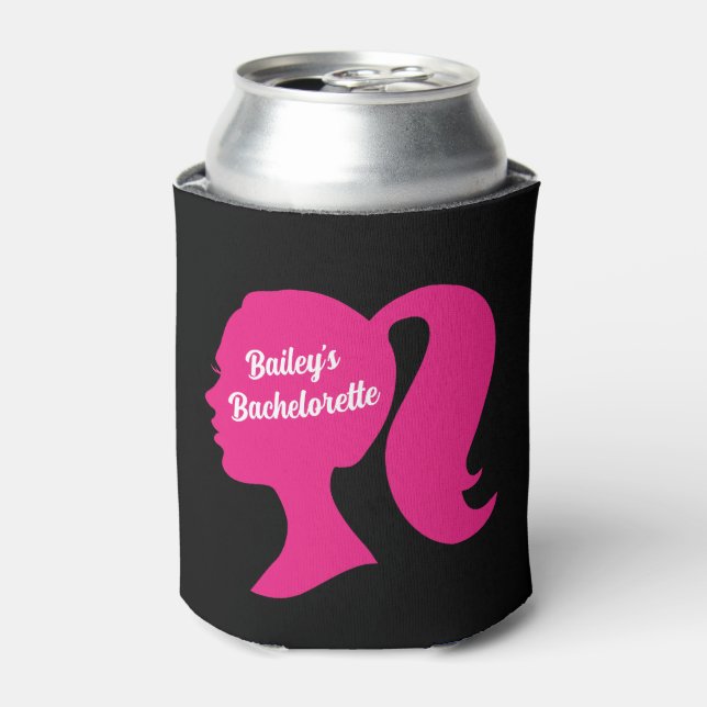 Party Pink & Black Bachelorette Can Cooler (Can Front)