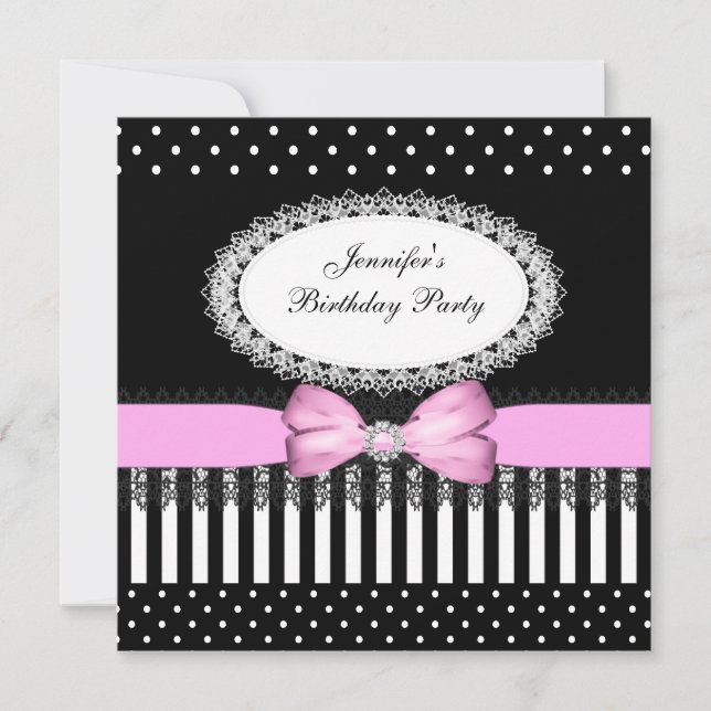 Party Pink Bow Black White Polka Dots Invitation (Front)