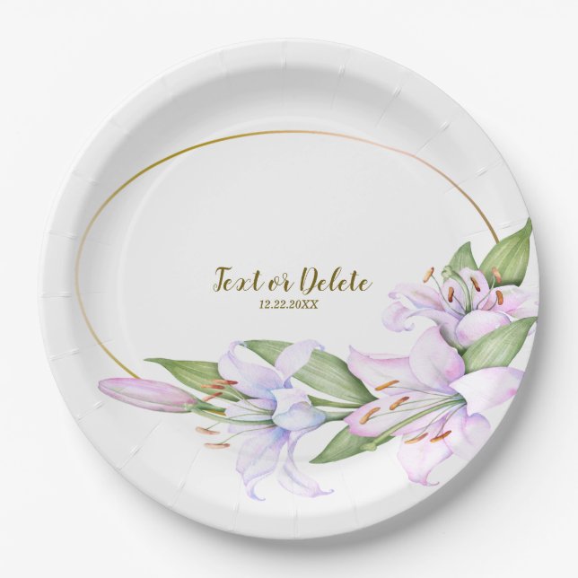 Party Pink Lily Flowers Golden Frame Beautiful Paper Plate (Front)
