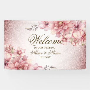 Party Pink Watercolor Flowers Shiny Glitter Modern Banner