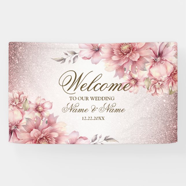Party Pink Watercolor Flowers Shiny Glitter Modern Banner (Horizontal)