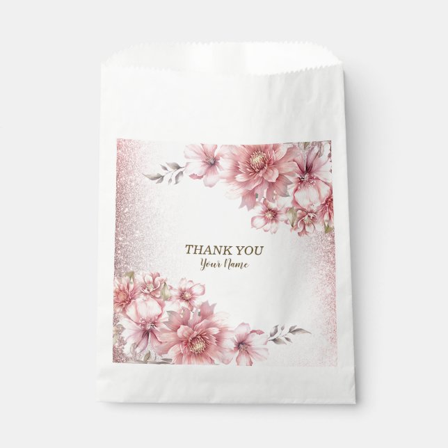 Party Pink Watercolor Flowers Shiny Glitter Modern Favour Bags (Front)