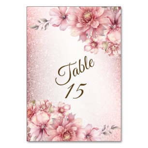 Party Pink Watercolor Flowers Shiny Glitter Modern Table Number