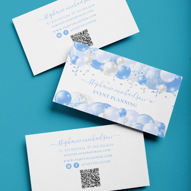 Party Planner Blue White Balloon QR Code Business Card (Party Planner Blue White Balloon QR Code Business Card)
