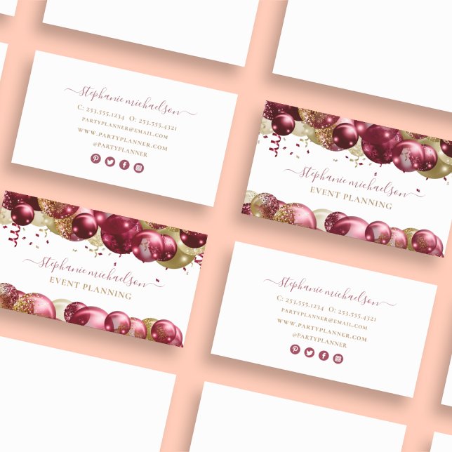 Party Planner Burgundy Gold Balloon Business Card (Party Planner Burgundy Gold Balloon Business Card)