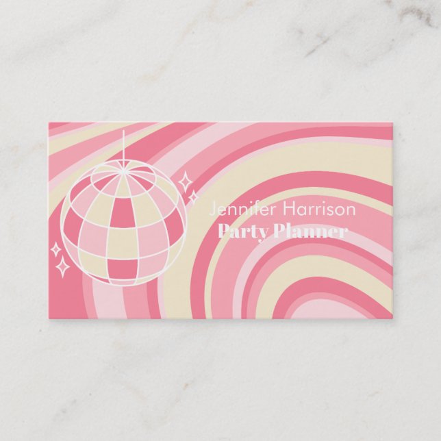 Party Planner Retro Groovy Wave Disco Ball Pink Business Card (Front)