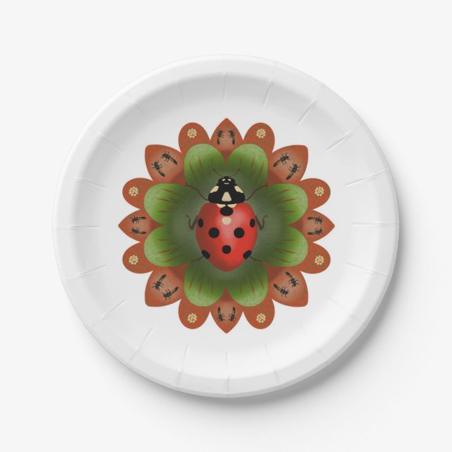 Party plate with ladybug on red and green petals (Front)