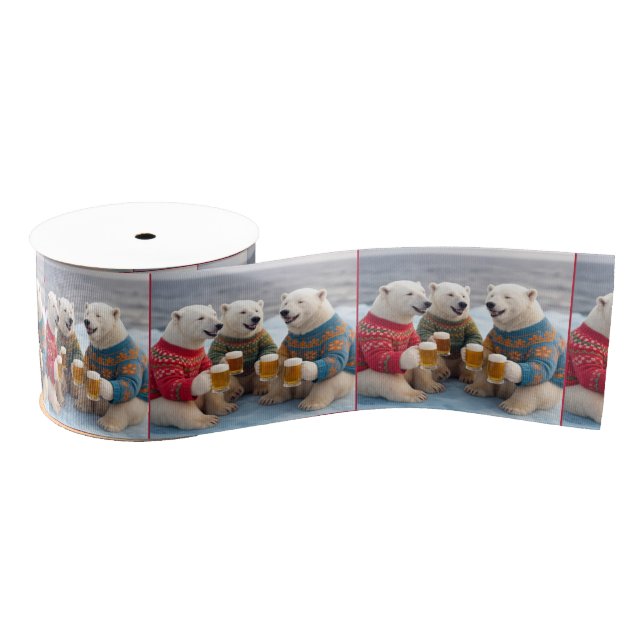 Party Polar Bears Wearing Christmas Ugly Sweaters Grosgrain Ribbon (Spool)