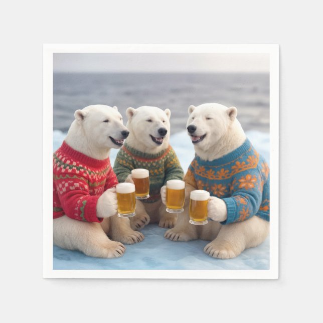 Party Polar Bears Wearing Christmas Ugly Sweaters Napkin (Front)