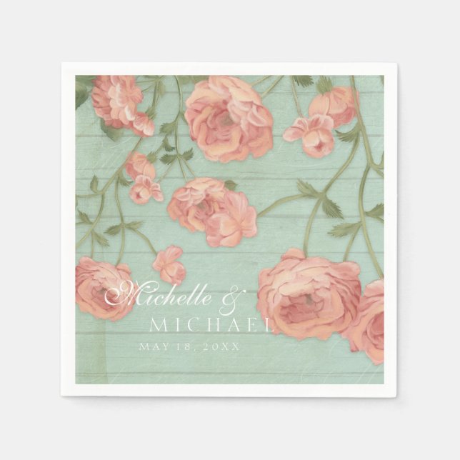 Party Pretty Blush Pink Peach Roses Wood Fence Napkin (Front)