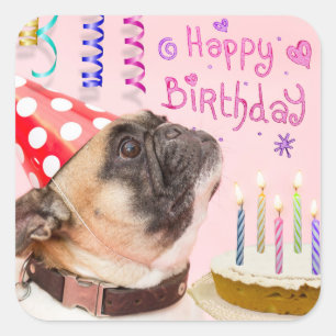 Party Pug and Birthday Cake Square Sticker