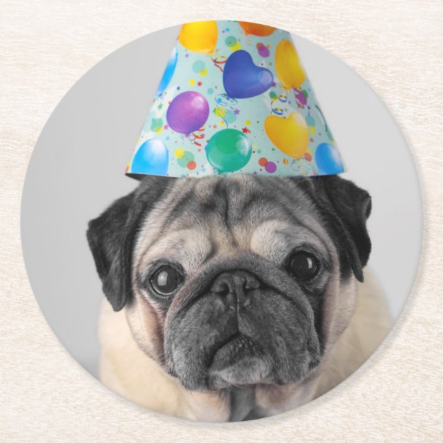 Party Pug Round Paper Coaster (Front)