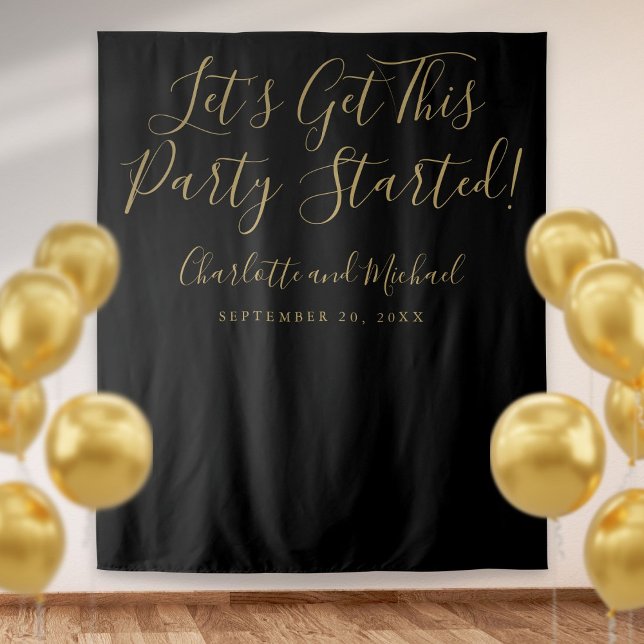 Party Started Script Black Gold Photo Backdrop Tapestry (Party Started Script Black Gold Photo Backdrop)