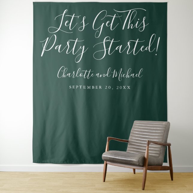 Party Started Script Emerald Green Photo Backdrop Tapestry (In Situ)
