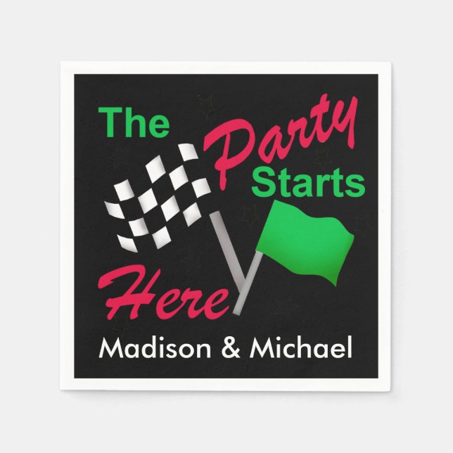 Party Starts Here Race Flag Name Personalised Napkin (Front)