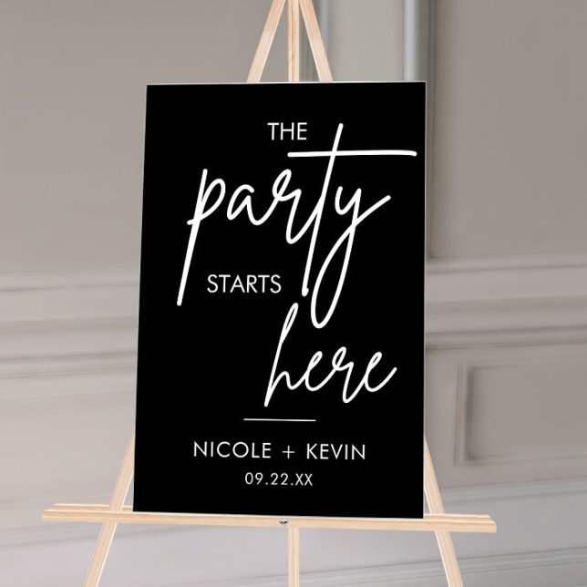 Party Starts Here Wedding Welcome Black Acrylic Sign (Creator Uploaded)