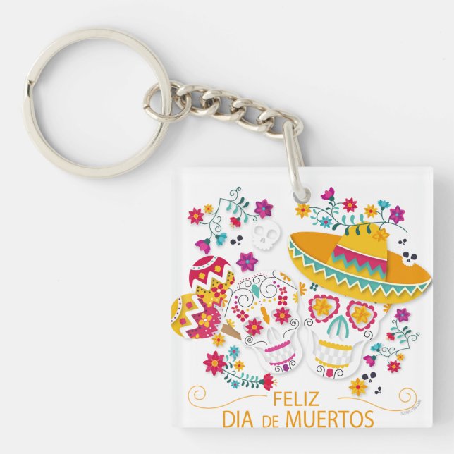 Party Sugar Skulls and Flowers Key Ring (Front)