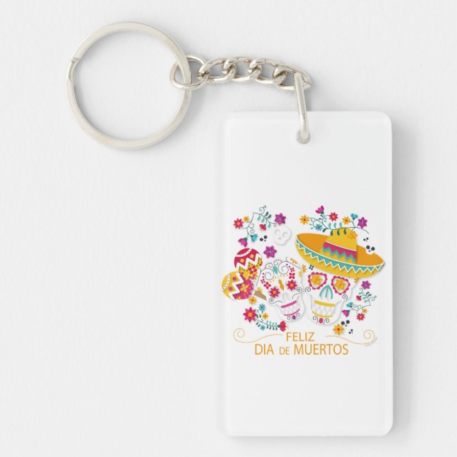 Party Sugar Skulls and Flowers Key Ring (Front)