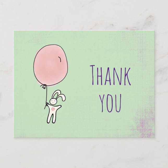 Party Thank You Cute Bunny Holding a Balloon Postcard (Front)