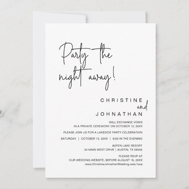 Party the night away, Wedding Elopement Dinner Invitation (Front)