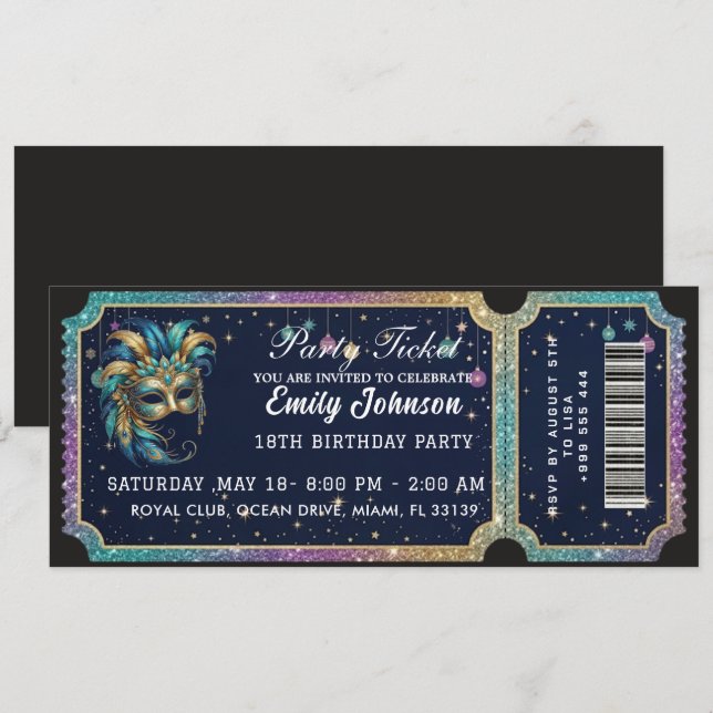Party Ticket Birthday Invitation Gold (Front/Back)