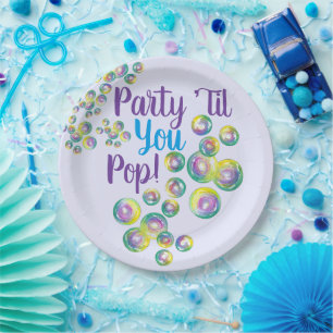 Party Til You Pop Blowing Bubbles Iridescent Paper Plate