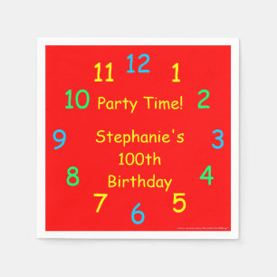 Party Time, 100th Birthday, Red Clock, Name, Paper Napkin