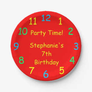 Party Time, 7th Birthday, Red, Clock, Name, Paper Plate